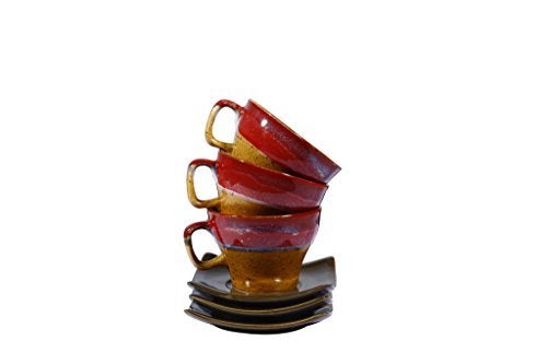 Caffeine Ceramic Handmade Stoneware Pink & Mustard Studio Tea Set (Set of 15 pcs Microwave & Dishwasher Safe Tea Set - Image 3
