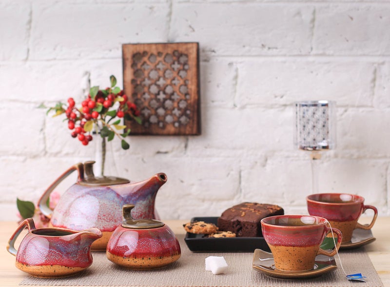 Caffeine Ceramic Handmade Stoneware Pink & Mustard Studio Tea Set (Set of 15 pcs Microwave & Dishwasher Safe Tea Set - Image 1