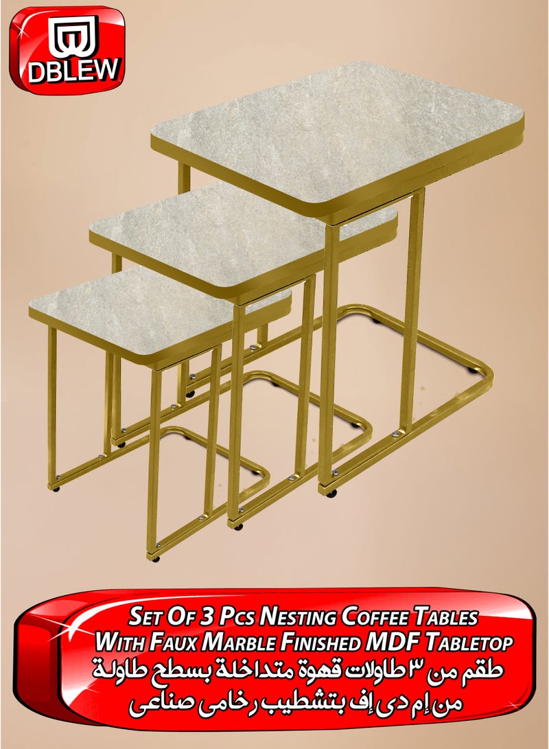DBLEW Rectangular Top Nesting Coffee Tables 3 Pieces Set Minimalist Stackable Side Tables With Grey Faux Marble Veneer Coated MDF Tabletop Accent Tables Industrial End Tables Bedside Desk For Home Office Living Room Hall And Small Spaces Sofa Centre Teapoy Table  - Image 1