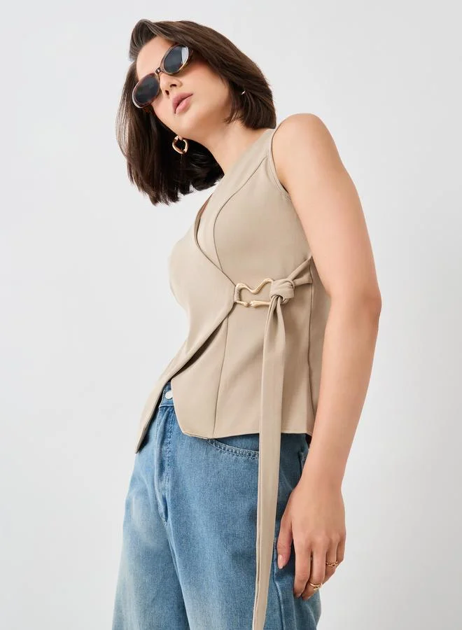 Take Two Take Two Solid Sleeveless Wrap Vest with Tie-Up Detail