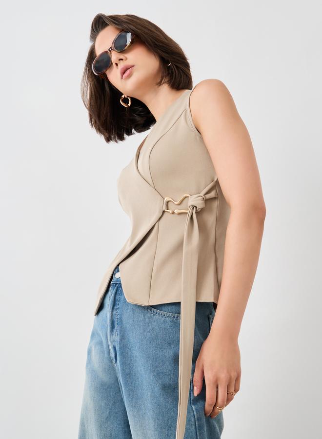 Take Two Take Two Solid Sleeveless Wrap Vest with Tie-Up Detail  - Image 1