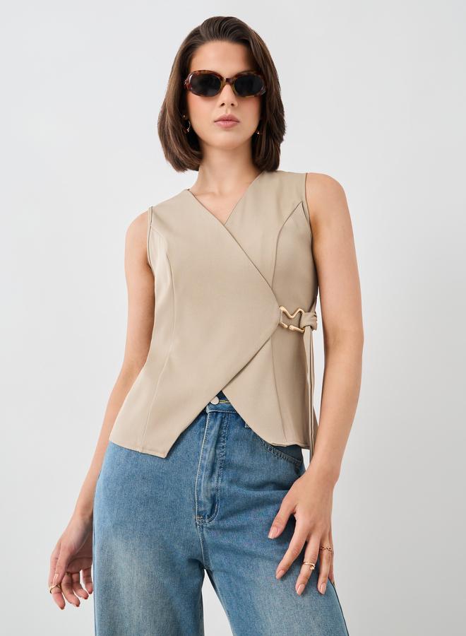 Take Two Take Two Solid Sleeveless Wrap Vest with Tie-Up Detail  - Image 3