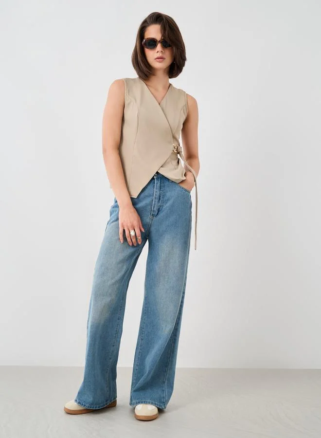 Take Two Take Two Solid Sleeveless Wrap Vest with Tie-Up Detail