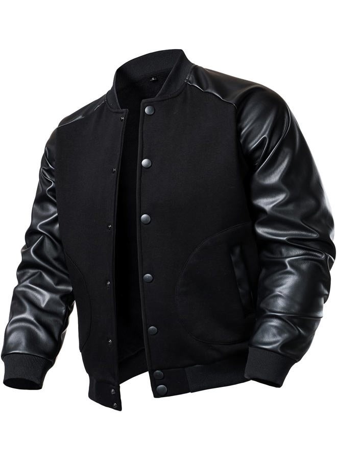 FANARCHER Men's Varsity Baseball Jacket Cotton Blend Letterman Jacket with Faux Leather Sleeve Bomber Coat, Black, S - Image 1