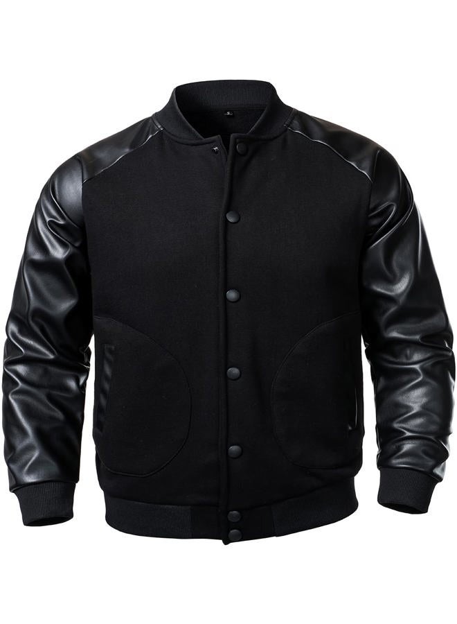 FANARCHER Men's Varsity Baseball Jacket Cotton Blend Letterman Jacket with Faux Leather Sleeve Bomber Coat, Black, S - Image 3