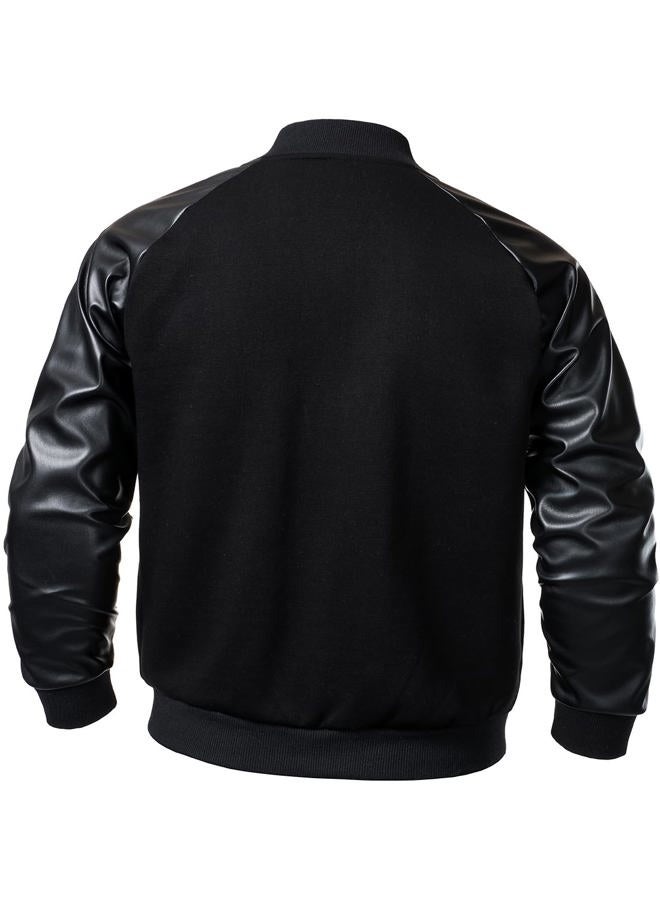 FANARCHER Men's Varsity Baseball Jacket Cotton Blend Letterman Jacket with Faux Leather Sleeve Bomber Coat, Black, S - Image 4