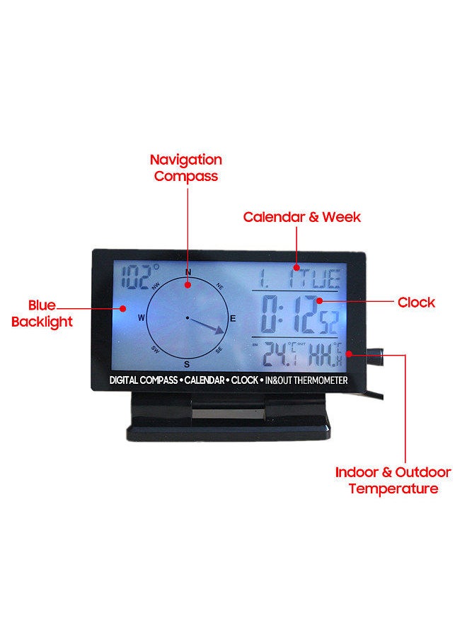 Generic - LCD Digital Car Thermometer Multifunction Automobile Compass Gauge Vehicle Clock Calendar Week Indoor & Outdoor Temperature Meter with Backlight - Image 1