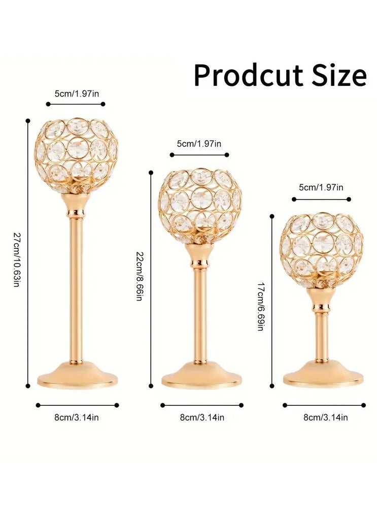 MileMelo 3Pcs Crystal Candle Holder - Candlestick Decorative Tealight Candle Holder - For Wedding, Party - Table Centerpieces/Table Decor - Perfect Gift for Home Decor Lovers Gold  - Image 2
