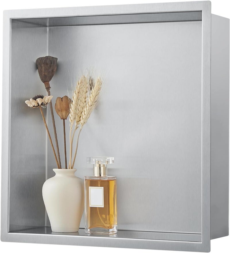 LBTBDBN 14"x14"x4" Stainless Steel Shower Niche No Tile Needed - Brushed Nickel Bathroom Wall Niche Insert, Recessed Waterproof Shelf for Drywall/Tile Showers - Image 1