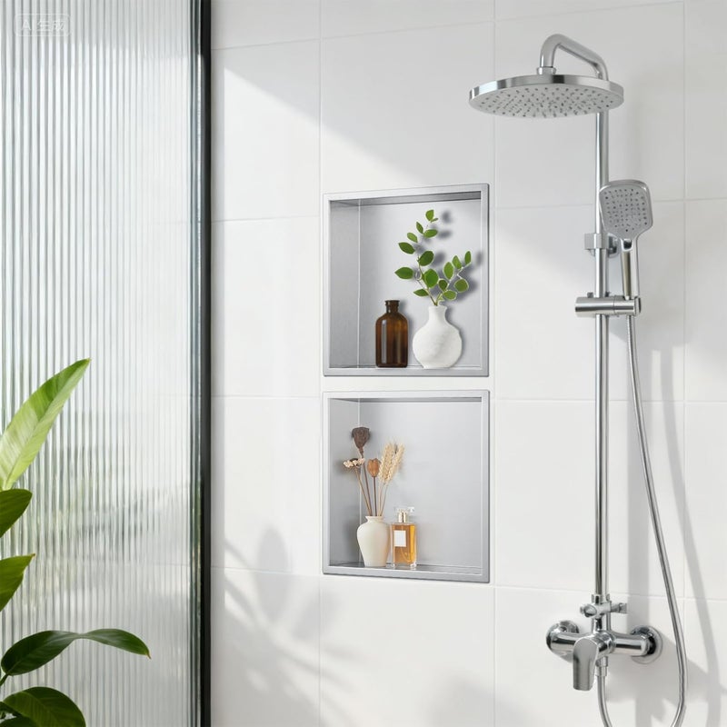 LBTBDBN 14"x14"x4" Stainless Steel Shower Niche No Tile Needed - Brushed Nickel Bathroom Wall Niche Insert, Recessed Waterproof Shelf for Drywall/Tile Showers - Image 2
