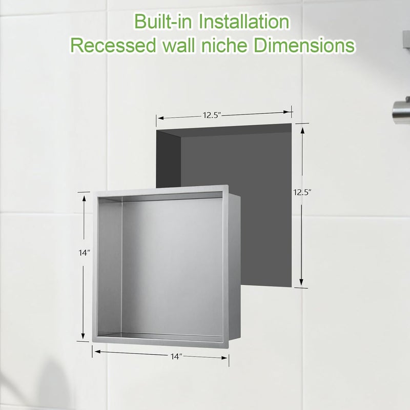 LBTBDBN 14"x14"x4" Stainless Steel Shower Niche No Tile Needed - Brushed Nickel Bathroom Wall Niche Insert, Recessed Waterproof Shelf for Drywall/Tile Showers - Image 3