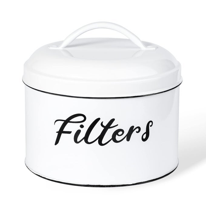 COFFEE FILTER HOLDER FARMHOUSE WHITE COFFEE FILTER STORAGE CONTAINER WITH LID ROUND COFFEE FILTER STORAGE DISPENSER FOR COUNTER KITCHEN COFFEE BAR DCOR