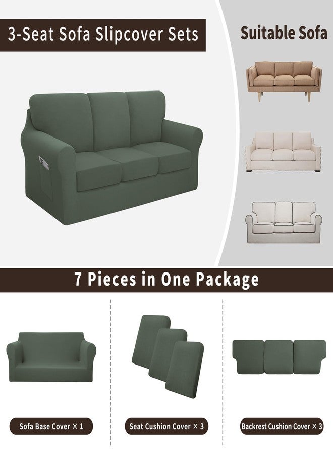 Easy-Going 7 Pieces Stretch Couch Cover Washable Sofa Cover Set for 3 Backrest and Seat Cushion Couch Anti-Slip Sofa Slipcover Furniture Protector with Elastic Bottom (Large, Grayish Green) - Image 3