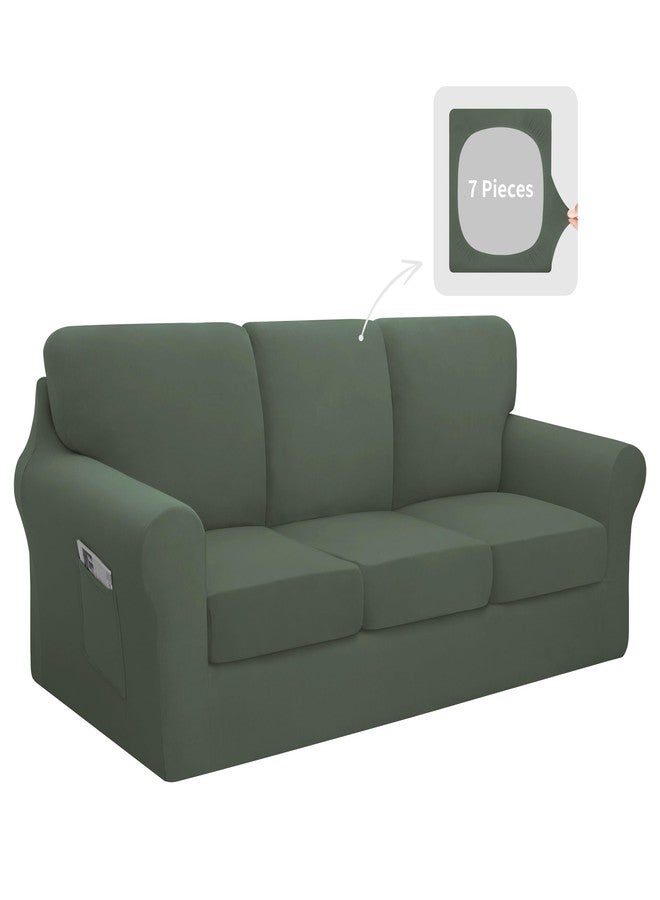 Easy-Going 7 Pieces Stretch Couch Cover Washable Sofa Cover Set for 3 Backrest and Seat Cushion Couch Anti-Slip Sofa Slipcover Furniture Protector with Elastic Bottom (Large, Grayish Green) - Image 1
