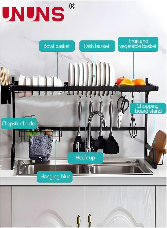 UNUNS حامل تجفيف الأطباق الكبير فوق الحوض، 2 طبقات 4 سلال لتنظيم المطبخ، منظم تصريف من الفولاذ المقاوم للصدأ مع حامل متعدد للأدوات والإسفنج - Image 3