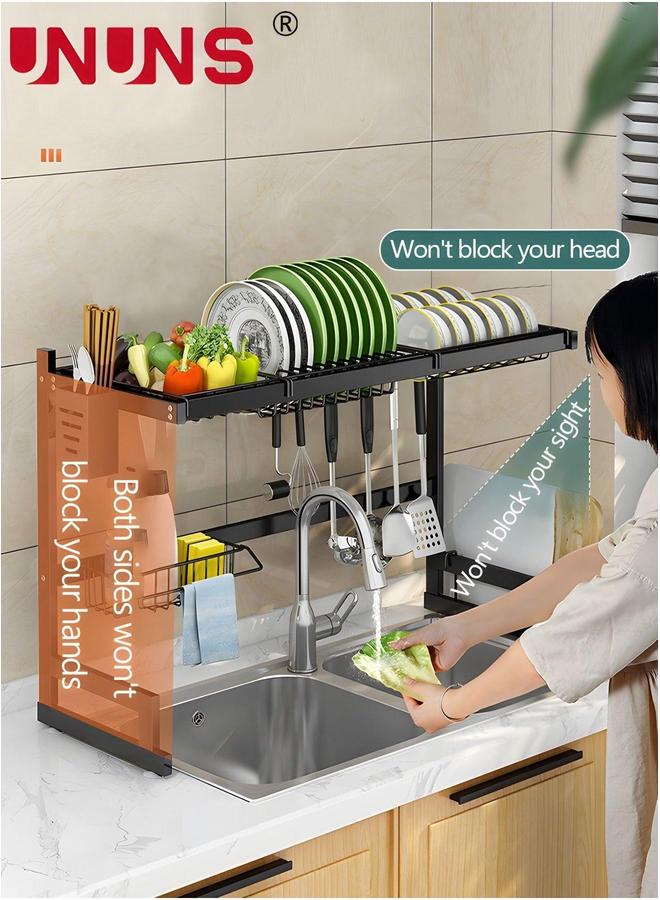 UNUNS حامل تجفيف الأطباق الكبير فوق الحوض، 2 طبقات 4 سلال لتنظيم المطبخ، منظم تصريف من الفولاذ المقاوم للصدأ مع حامل متعدد للأدوات والإسفنج - Image 2