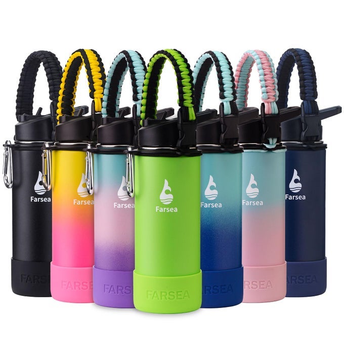 INSULATED WATER BOTTLE WITH PARACORD HANDLE PROTECTIVE BOOT AND 2 LIDS STRAW LID SPOUT LID STAINLESS STEEL WATER BOTTLE WIDE MOUTH DOUBLE WALL SWEATPROOF BPAFREE 18 OZ