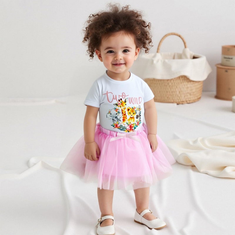 SHUING Baby Girl Second Birthday Outfit Safari Two Wild Print Short Sleeve T-shirts Tulle Skirt Toddler 2nd Birthday Clothes (Pink, 2-3T) - Image 4
