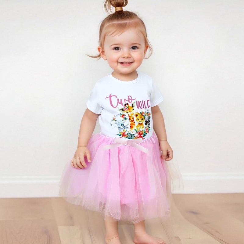 SHUING Baby Girl Second Birthday Outfit Safari Two Wild Print Short Sleeve T-shirts Tulle Skirt Toddler 2nd Birthday Clothes (Pink, 2-3T) - Image 2
