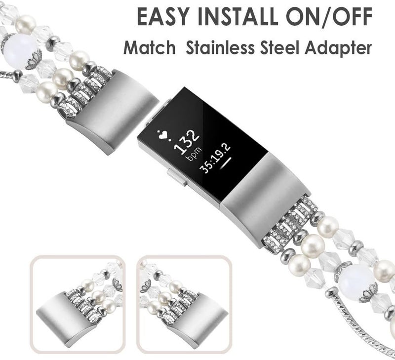 Simpeak 5872 Fashion Band Compatible With Fitbit Charge 2 Smartwatch Elastic Beaded Replacement for Adults White - Image 3
