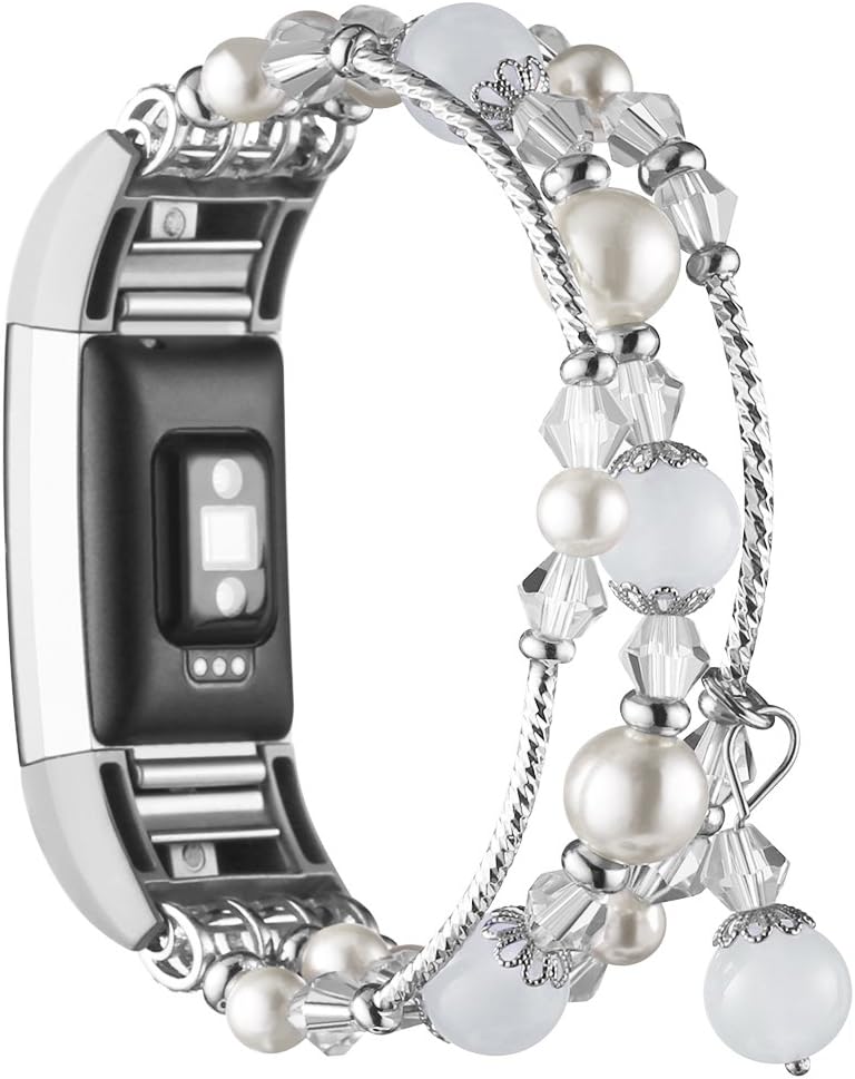 Simpeak 5872 Fashion Band Compatible With Fitbit Charge 2 Smartwatch Elastic Beaded Replacement for Adults White - Image 1