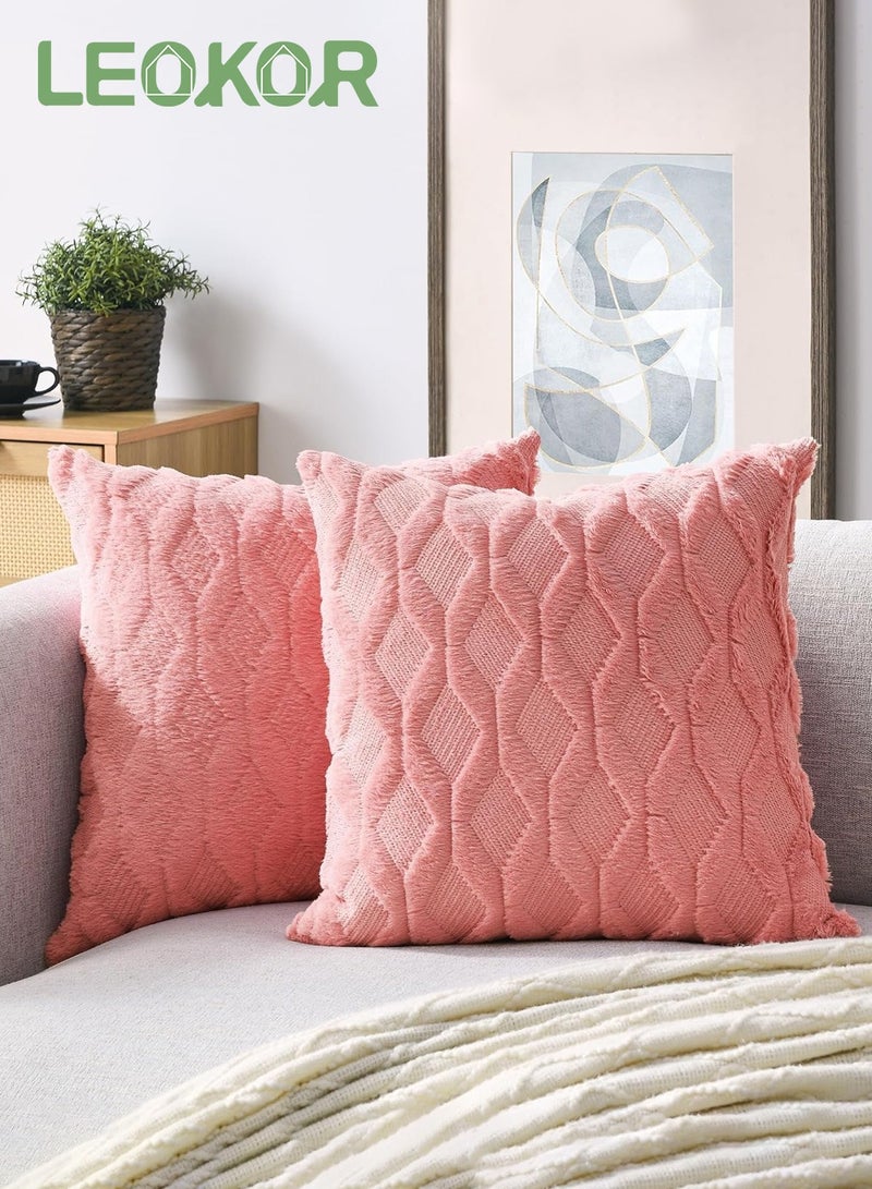LEOKOR 2 PCS Square Luxury Style Cushion Case Soft Plush Short Wool Velvet Decorative Throw Pillow Covers (45*45CM, Coral Red) - Image 1