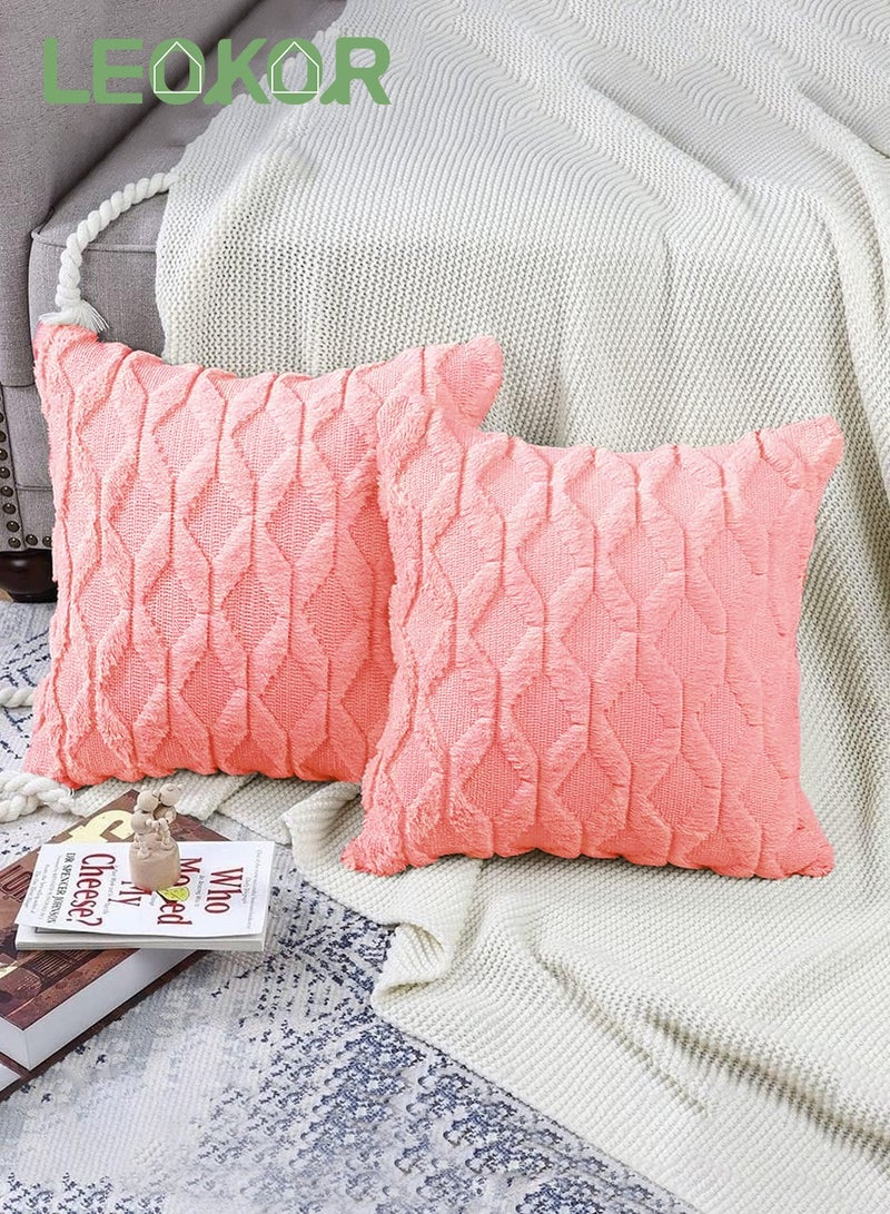 LEOKOR 2 PCS Square Luxury Style Cushion Case Soft Plush Short Wool Velvet Decorative Throw Pillow Covers (45*45CM, Coral Red) - Image 2