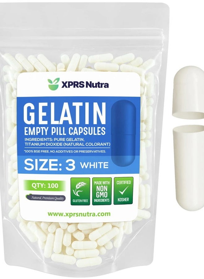 XPRS Nutra - Size 3 Empty Capsules - 100 Count Empty Gelatin Capsules - Empty Pill Capsules - DIY Capsule Filling - Pure Bovine Pill Capsules Empty Gel Caps (White) - Image 1