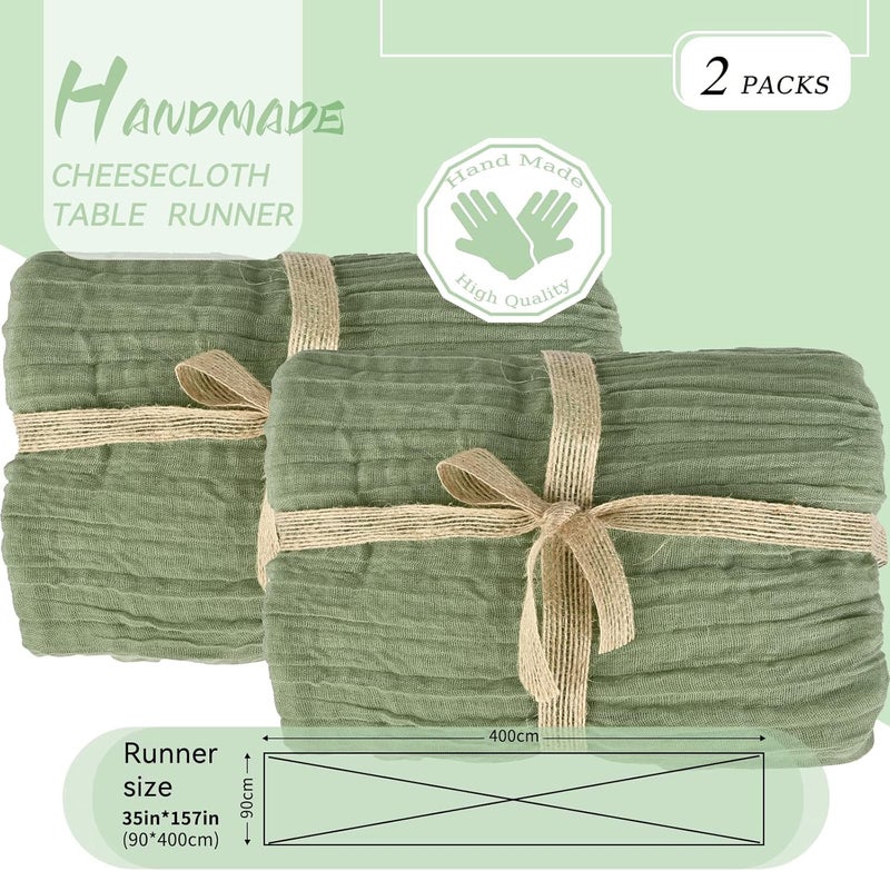 YMHPRIDE 2 Pieces Table Runner Sage Green, 90 cm x 400 cm Green Gauze Boho Table Runner for Wedding, Bachelorette Baby Shower Birthday Party Decorations - Image 2