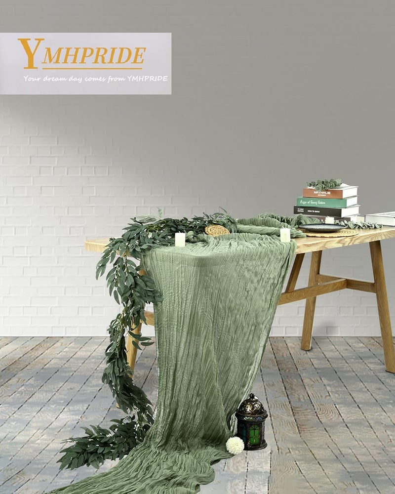 YMHPRIDE 2 Pieces Table Runner Sage Green, 90 cm x 400 cm Green Gauze Boho Table Runner for Wedding, Bachelorette Baby Shower Birthday Party Decorations - Image 5