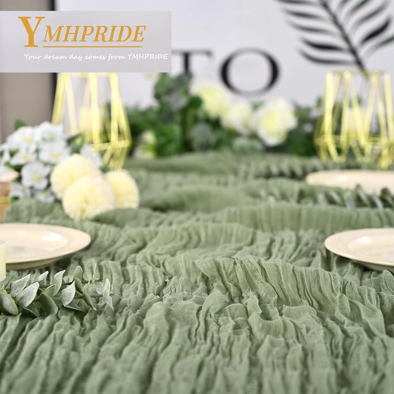 YMHPRIDE 2 Pieces Table Runner Sage Green, 90 cm x 400 cm Green Gauze Boho Table Runner for Wedding, Bachelorette Baby Shower Birthday Party Decorations - Image 4