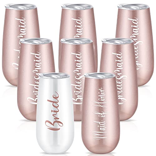 Lauwell Bridesmaid Wine Tumblers Set of 8, Bride Champagne Flute Maid of Honor Bride Mugs, 6 oz Stainless Steel Bridesmaid Proposal Gifts for Engagement Wedding Bachelorette Party Supplies (Rose Gold) - Image 1