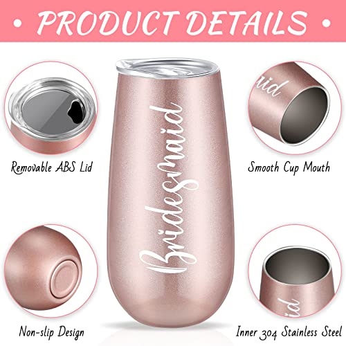 Lauwell Bridesmaid Wine Tumblers Set of 8, Bride Champagne Flute Maid of Honor Bride Mugs, 6 oz Stainless Steel Bridesmaid Proposal Gifts for Engagement Wedding Bachelorette Party Supplies (Rose Gold) - Image 3