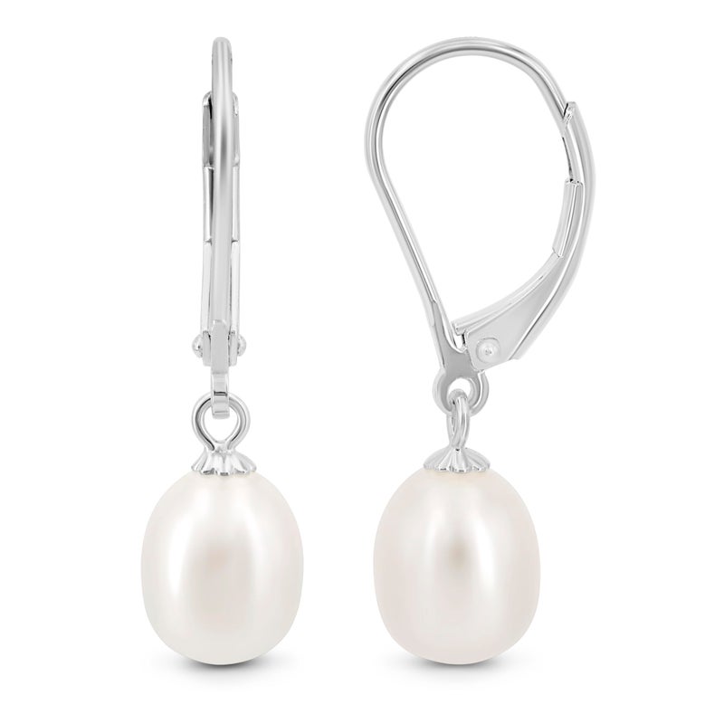 KEZEF Freshwater Cultured Pearl Drop Earrings, 14k White Gold Plated Sterling Silver, 7-8mm Dangle Earrings, Leverback, Hypoallergenic for Women, White Pearl Earrings - Image 1