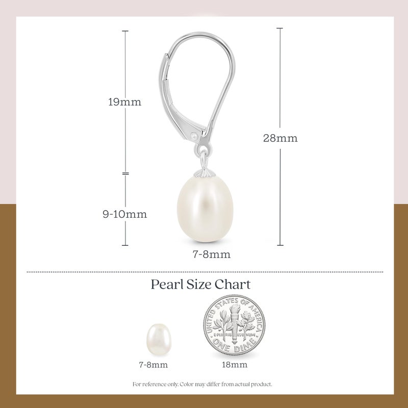 KEZEF Freshwater Cultured Pearl Drop Earrings, 14k White Gold Plated Sterling Silver, 7-8mm Dangle Earrings, Leverback, Hypoallergenic for Women, White Pearl Earrings - Image 3