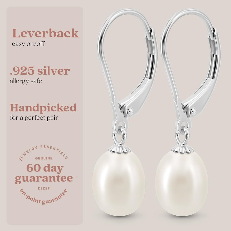 KEZEF Freshwater Cultured Pearl Drop Earrings, 14k White Gold Plated Sterling Silver, 7-8mm Dangle Earrings, Leverback, Hypoallergenic for Women, White Pearl Earrings - Image 4