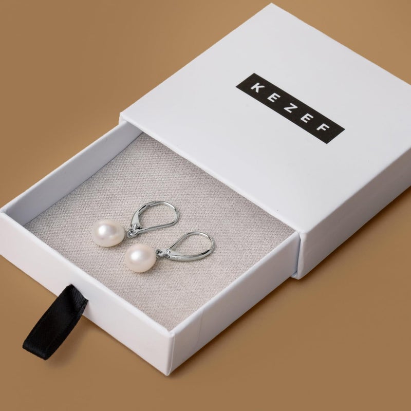 KEZEF Freshwater Cultured Pearl Drop Earrings, 14k White Gold Plated Sterling Silver, 7-8mm Dangle Earrings, Leverback, Hypoallergenic for Women, White Pearl Earrings - Image 5