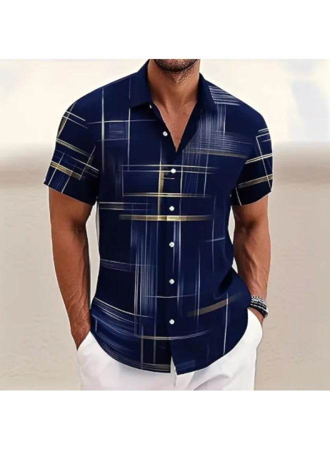 European Size Men's Button-down Shirt, Casual Fashion Outdoor Vacation Street Trendy Shirt, 3d Printed Short-sleeve Shirt
