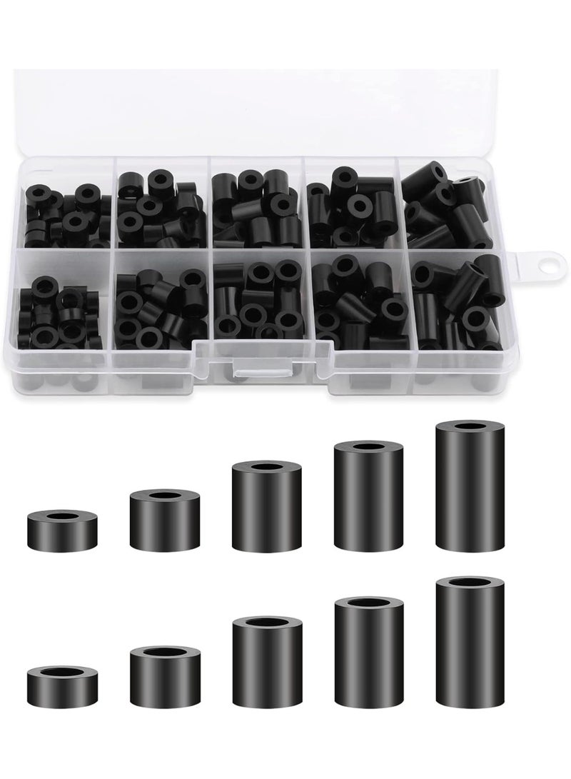 200 Pcs ABS Round Spacers Washers Assortment Kit, Insulation Spacer for M3 M4 Screws, Non Threaded Column Standoff Support Spacers Washers, 10 Different Sizes, Black - Image 1