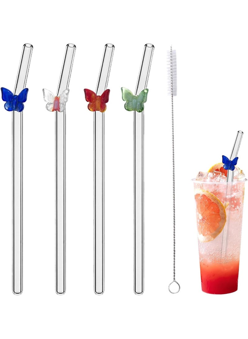 Set of 4 Glass Straws – Reusable Butterfly Shape for Hot & Cold Beverages-with Cleaning Brush - Image 1