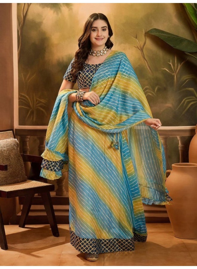 AKS Blue Ombre Kota Doria Lehenga Choli Set With Gota Details  - Image 1