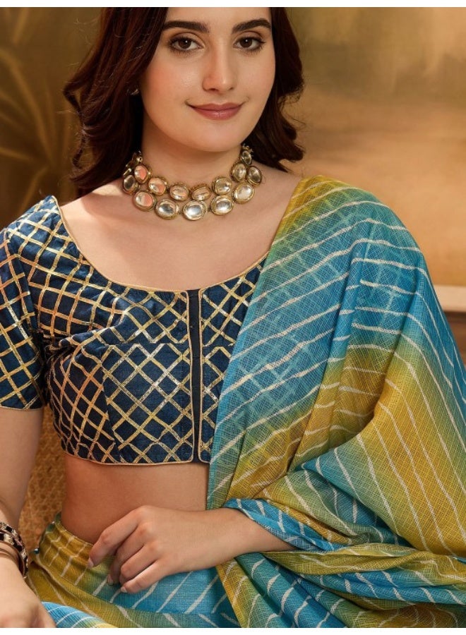 AKS Blue Ombre Kota Doria Lehenga Choli Set With Gota Details  - Image 2