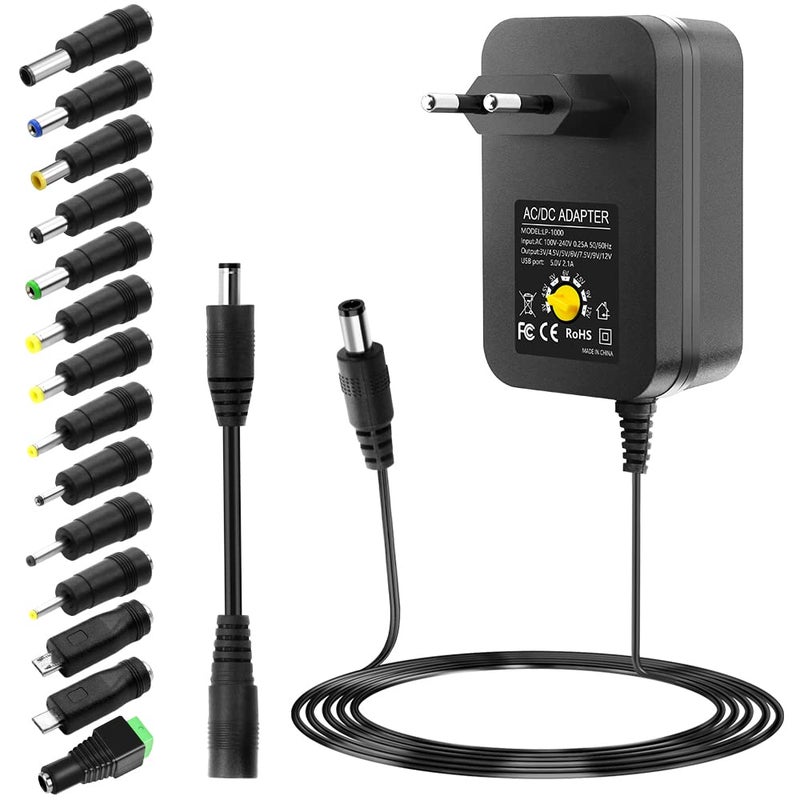 شنيت بور مزود طاقة عالمي 3V 4.5V 5V 6V 9V 12V AC/DC 1A 2A 2A 2.5A 30W محول طاقة تحويل للأجهزة الإلكترونية من 3V إلى 12V، مراقب الأطفال، الكاميرا، أشرطة LED مع 14 قطعة - Image 1