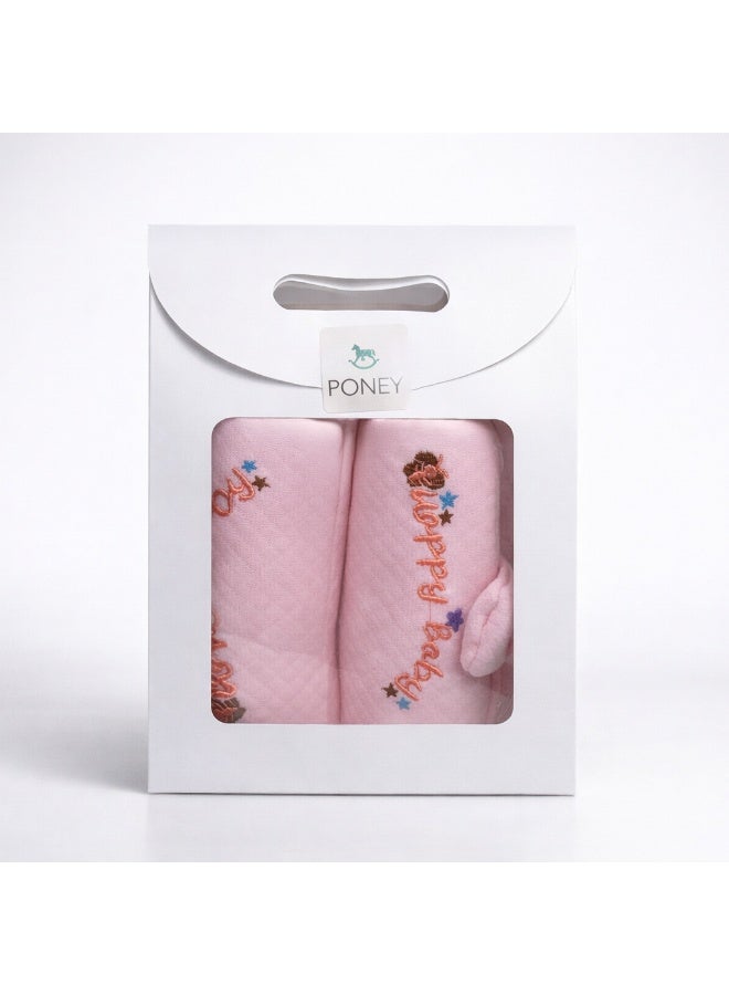 PONEY Baby Pillow, Pink, Embroidered Happy Baby Design, Quilted Soft Cushion with Mesh Pocket, 2 Piece Set - Image 3