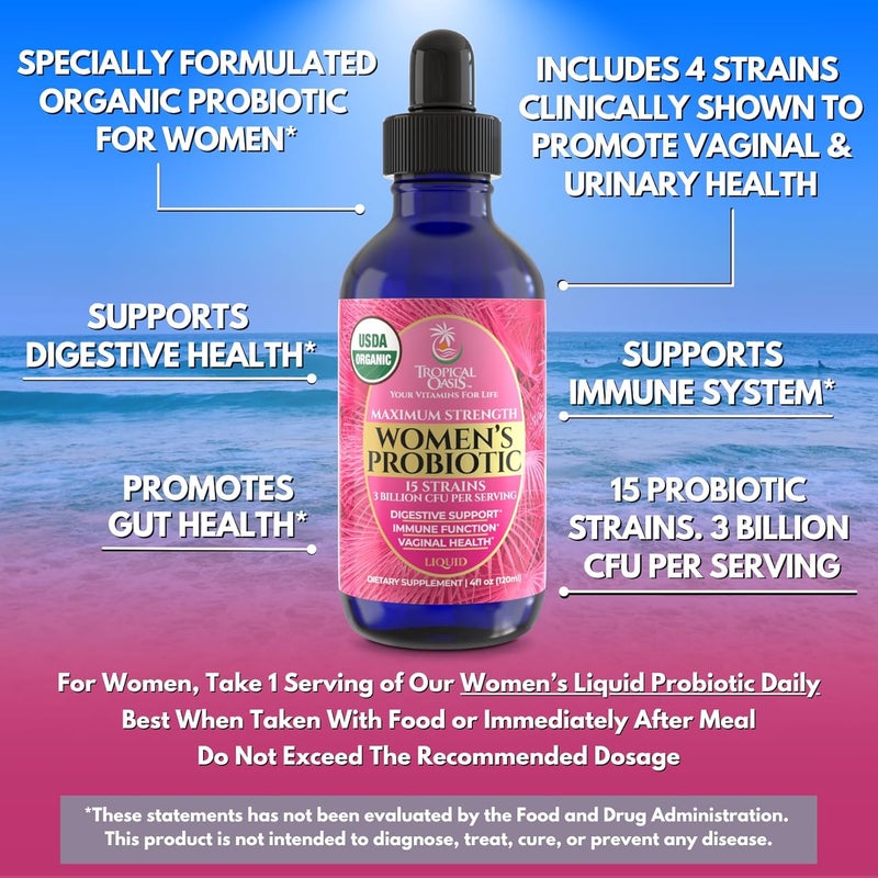 Tropical Oasis USDA Organic Liquid Probiotic for Women  PH Balance UT  Feminine Health  Digestive Support Immune  Gut Health  15 Clinically Studied Strains  98 Absorption  Vegan NonGMO  40 Servings - Image 3