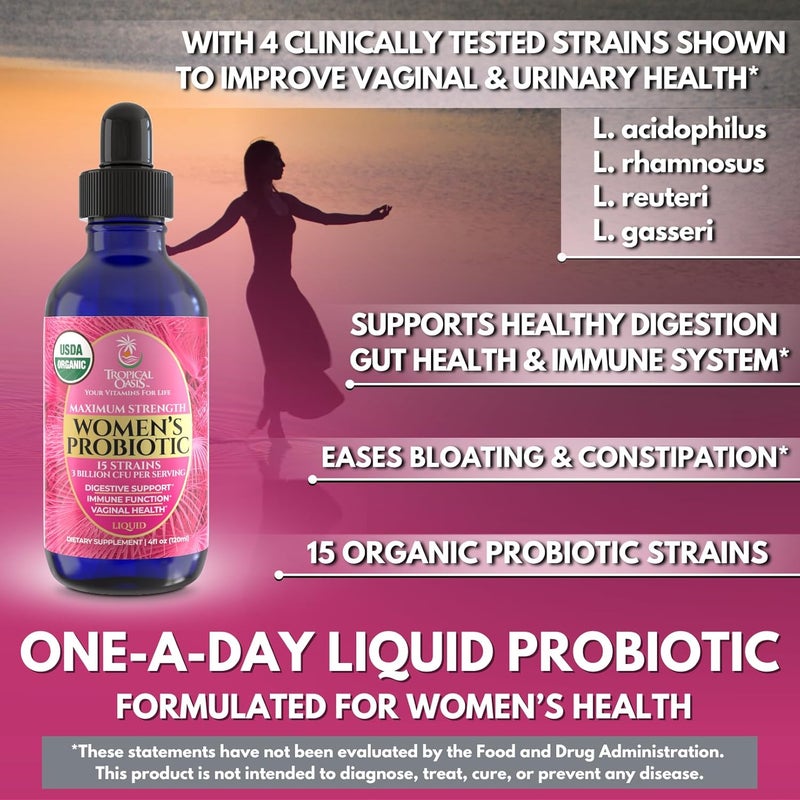 Tropical Oasis USDA Organic Liquid Probiotic for Women  PH Balance UT  Feminine Health  Digestive Support Immune  Gut Health  15 Clinically Studied Strains  98 Absorption  Vegan NonGMO  40 Servings - Image 4