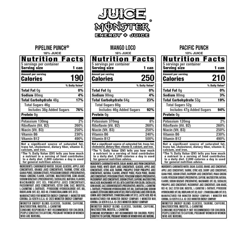 Monster Energy Juice Monster Variety Pack, Pipeline Punch, Mango Loco, Pacific Punch, Energy+Juice, Energy Drink, 16 Ounce (Pack of 15) - Image 3