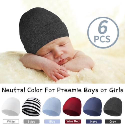 Newcotte 6 Pcs Preemie Baby Hats Cotton Preemie Caps Warm Newborn Beanie Premature Hat for Nicu Premature Boy Girl(Stylish Color,Dark Style) - Image 2