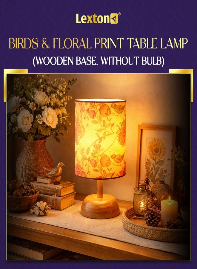 Lexton Birds & Floral Print Table Lamp with Wooden Base | Decorative Bedside Lamp for Sofa Side, Study Table & Home Decor | Elegant Accent Light for Your House | Bulb Not Included - Image 2