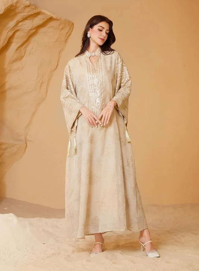 Take Two Take Two Beige Textured Sequins Embellished Jalabiya